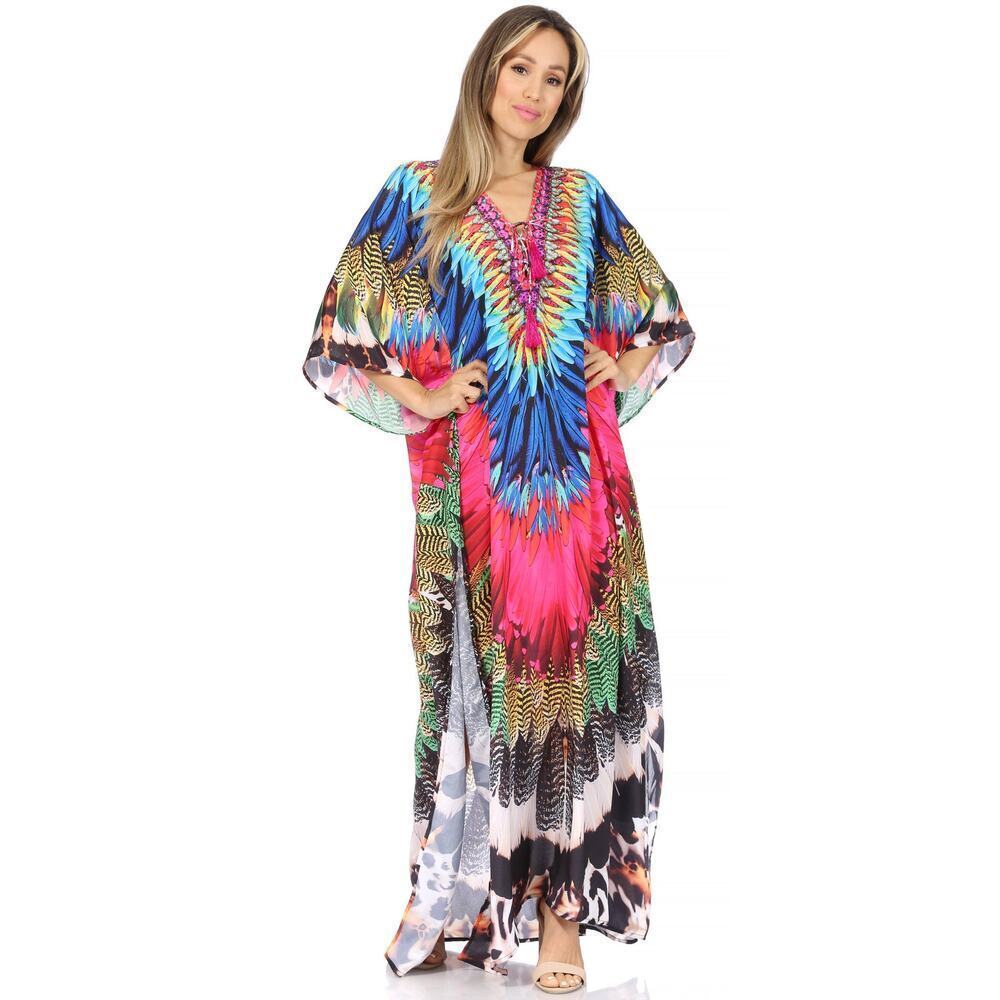 Sakkas Georgettina Flowy Rhinestone V Neck Long Caftan‎ Dress/Cover Up